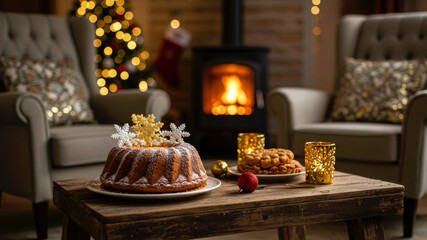Festive christmas bundt cake with cookies and golden decorations on a cozy wooden table in front of a fireplace and illuminated Christmas tree, for holiday celebration.