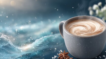 Cozy Coffee Cup with Festive Winter Decorations and Abstract Background