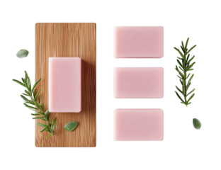 Handmade pink soap bars with rosemary and sage on wooden board isolated on transparent background, a natural spa concept
