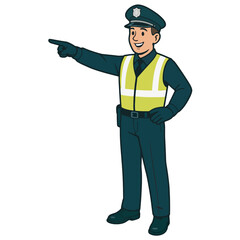 Smiling cartoon police officer pointing left, wearing uniform and high-visibility vest on a transparent background.