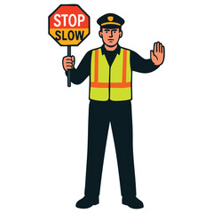 Traffic controller holding a stop-slow sign and making a hand gesture to direct vehicles and pedestrians safety.