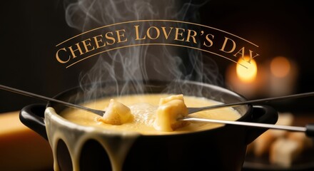 Steaming hot cheese fondue in a black pot, perfect for cheese lovers day celebration