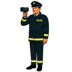 Police officer illustration holding a radar gun for speed detection, enforcing traffic laws and public safety.