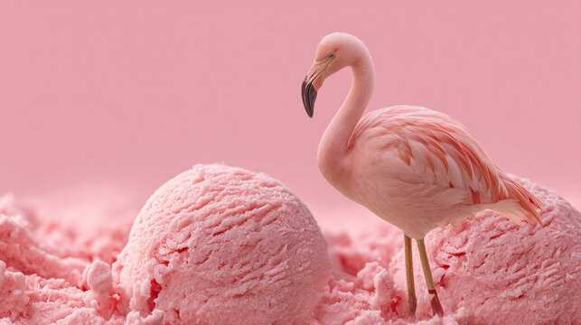 A flamingo standing on a bed of pink ice cream in a monochromatic pink color scheme image