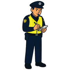 Police officer cartoon character writing a traffic ticket or incident report, holding a whistle in his mouth.