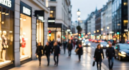 Busy Shopping District Blur &ndash; Defocused city scene with fashion boutiques and pedestrians