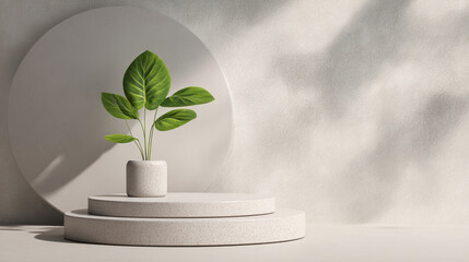 A minimalist display featuring a plant on a two tiered platform with a circular backdrop