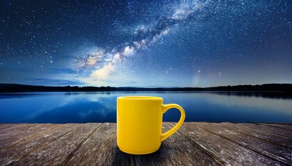 Yellow Mug On Lake Shore Under Starry Night Sky