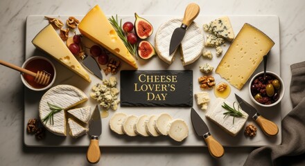 A beautiful cheese board with various types of cheese, fruits, nuts, and honey, perfect for a cheese lovers day celebration