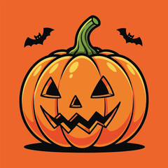 Classic jackolantern with carved face and flying bats on a vibrant orange background