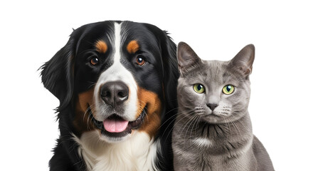 A dog and a cat posing together in close proximity on transparent background