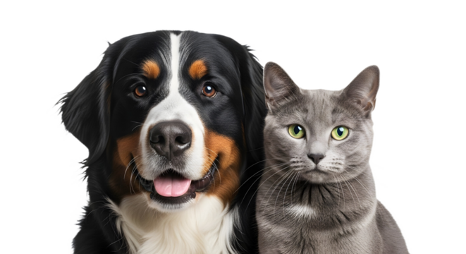 A dog and a cat posing together in close proximity on transparent background