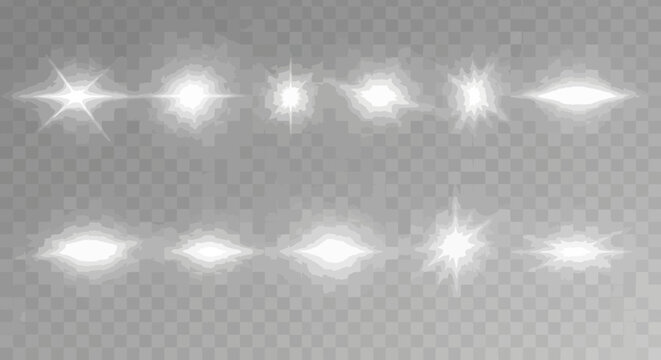 Collection of bright white lens flares and light effects on transparent background