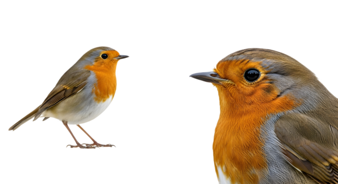 Two european robins facing each other on transparent background