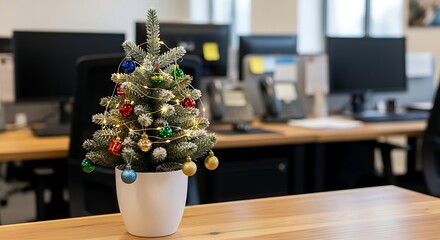Miniature Christmas tree with colorful baubles sitting on a wooden office desk, suggesting holiday work cheer.