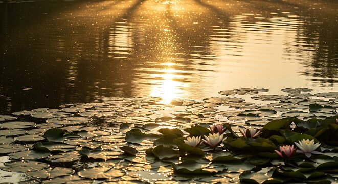 Golden Hour Glow on Water Lilies in a Serene Pond. - Powered by Adobe
