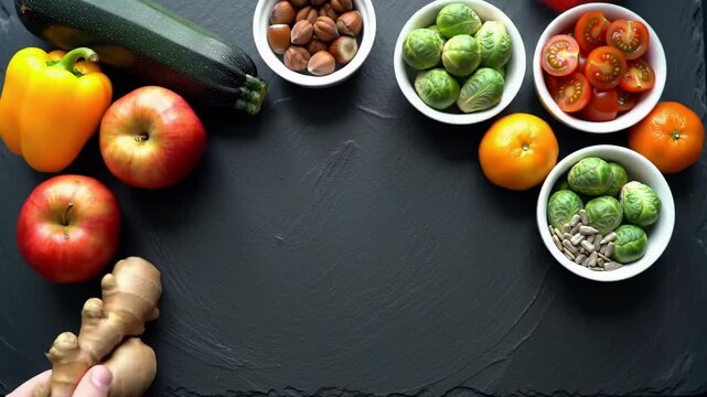 A vibrant assortment of fresh fruits, vegetables, nuts, and seeds laid out on a dark slate background, representing a healthy diet and wellness