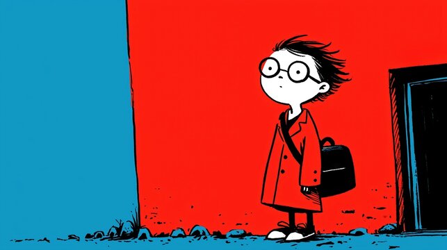 Jeune fille avec lunettes et cartable rouge marchant vers une porte