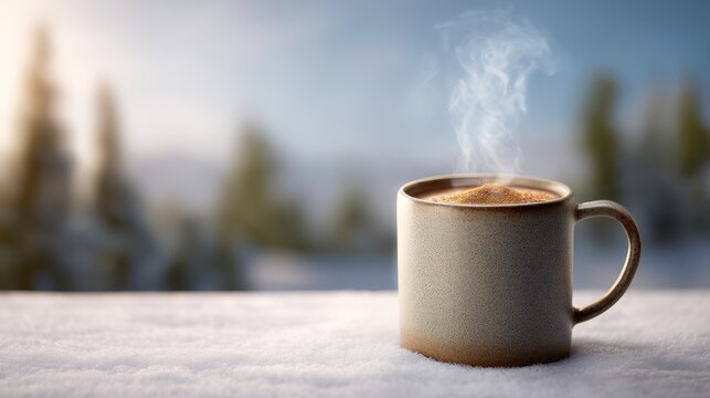 Apres-ski drinks concept. A steaming cup of coffee on a snowy surface in a serene environment.
