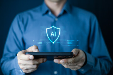 Buiness man using smartphone to use AI Security Protecting Data with Artificial Intelligence