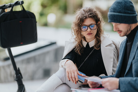 A man and woman in smart casual attire sit on a sidewalk, examining papers and a card near a bike bag, signaling a business partners moment in an urban, fashionable setting.