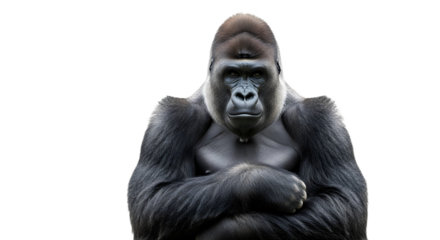 A gorilla with arms crossed looking at the camera on transparent background