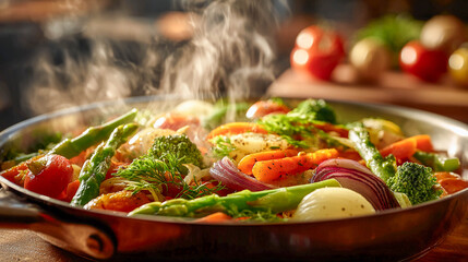 A pan of vegetable stew in the process of cooking. Vegetables such as asparagus, broccoli, carrots, and onions are fried and steamed.