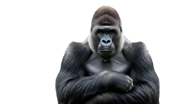 A gorilla with arms crossed looking at the camera on transparent background