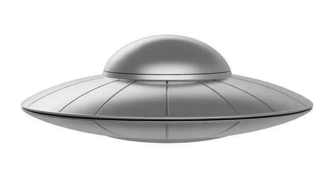 Silver flying saucer with dome and segmented body isolated on a transparent background