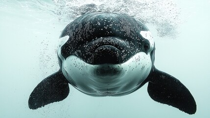 Underwater close-up shot of a killer whale facing the camera. The orca is black and white