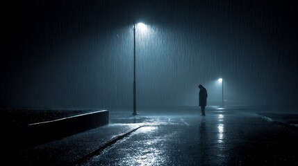 Lonely Rain Man under streetlights in night.