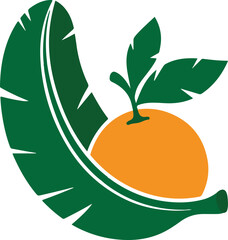 Vibrant tropical fruit logo featuring an orange and green banana leaf