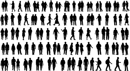 Diverse crowd silhouettes people walking standing and interacting in black and white