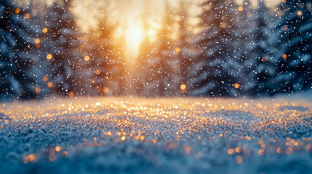 A snow-covered spruce forest and a sparkling snowy meadow during a gentle snowfall, with a warm winter light in the background, creating an abstract winter Christmas landscape.