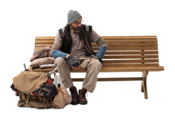 Homeless Man Sitting on Wooden Bench on White Background