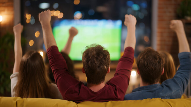 Friends cheering watching sports on TV at home - Powered by Adobe