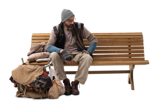 Homeless Man Sitting on Wooden Bench on White Background