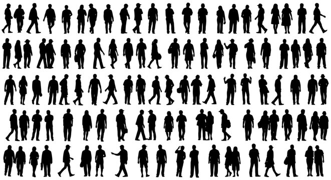 Diverse crowd silhouette collection people walking standing and interacting in black and white