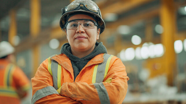 A determined female worker confidently poses in a factory setting, wearing safety gear and looking directly at the camera. She's a symbol of industrial empowerment
