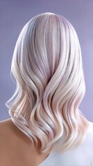 Naklejka premium Close-up view of a woman's wavy blonde hair with subtle pastel pink and purple highlights, styled with soft curls. The background is a smooth, gradient purple.