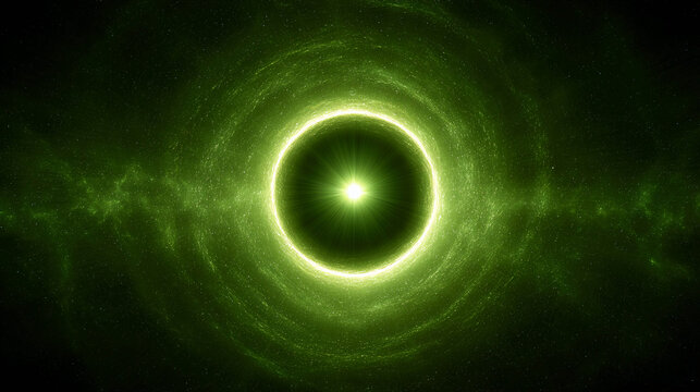 A glowing circle in the center, surrounded by star dust or green galactic clouds. A bright light emanates from the center of the circle, creating the effect of a portal or an energy field.