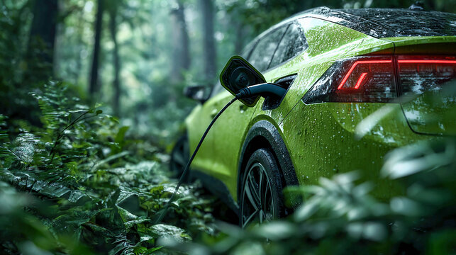A green electric car is charging in the middle of a dense green forest. The background consists of blurred trees and dense vegetation. Environmentally friendly transportation and its connection.