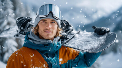 A young man in winter clothes and snowboarding goggles carrying a snowboard on his shoulder. Winter mountain recreation, an active lifestyle.