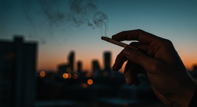 Man holding a lit cigarette with smoke rising against a dark cityscape and colorful sunset sky. Bad habit and addiction. - Powered by Adobe