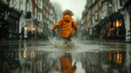 Happy Kid Playing in Rain Puddles on Urban Street