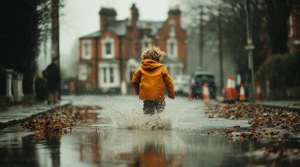 Happy Kid Playing in Rain Puddles on Urban Street
