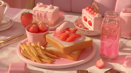 Pink dessert table with strawberry cake, and sweets.