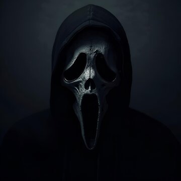 Dark and Moody Portrait of a Figure Wearing the Black Ghost Face Mask