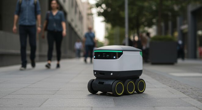 Autonomous delivery robot on city sidewalk. Modern technology for last mile delivery. Futuristic logistics service.