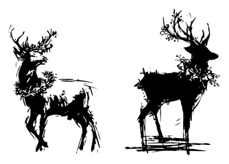 Two christmas reindeer with festive wreaths and antlers vector sketch hand drawn animal illustration © Tomas